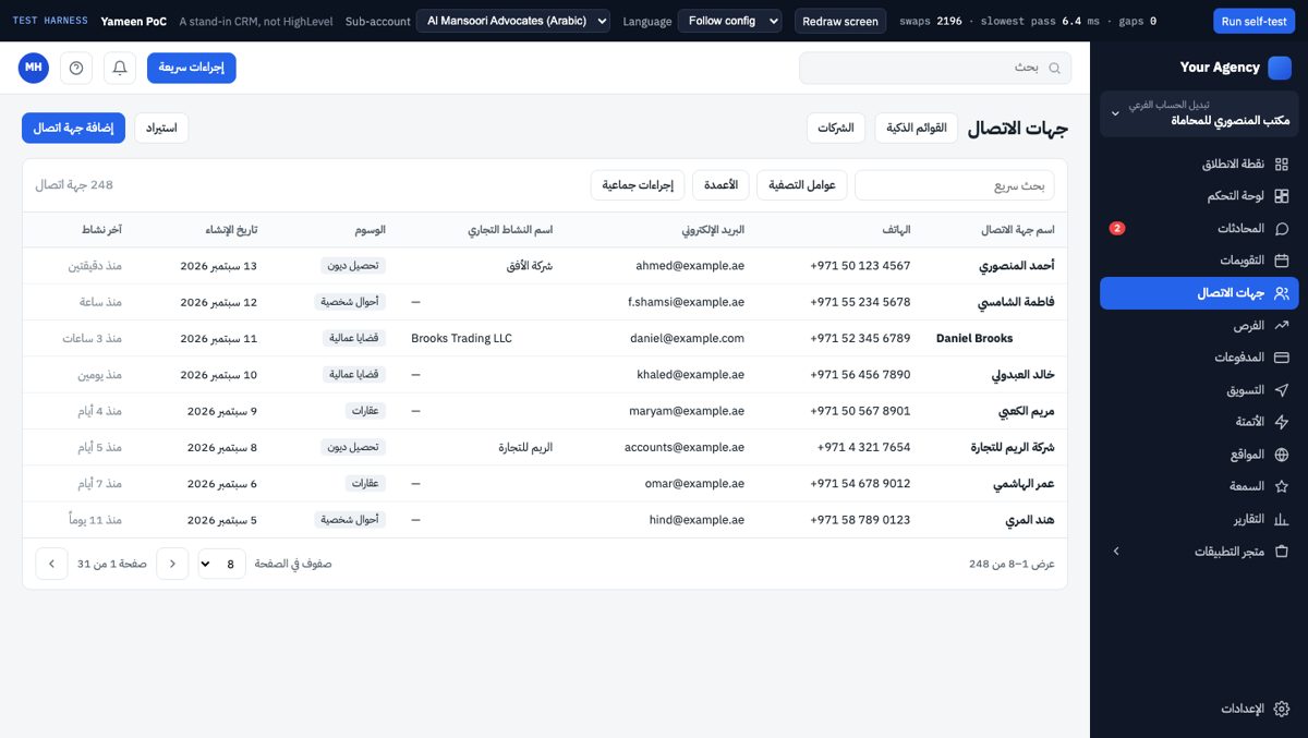 The HighLevel Contacts table in Arabic with translated column headers