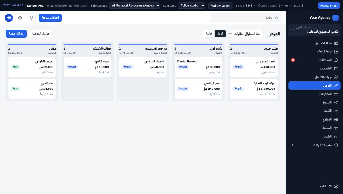 The HighLevel opportunities pipeline in Arabic